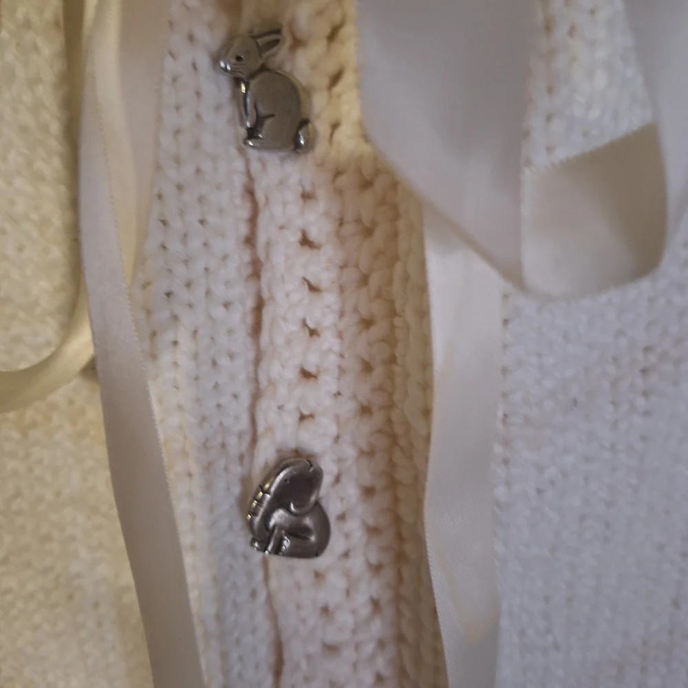 White VTG Croched Baby Draw String Bottom Gown W/ Animal buttons 3 to 6 Mos?
